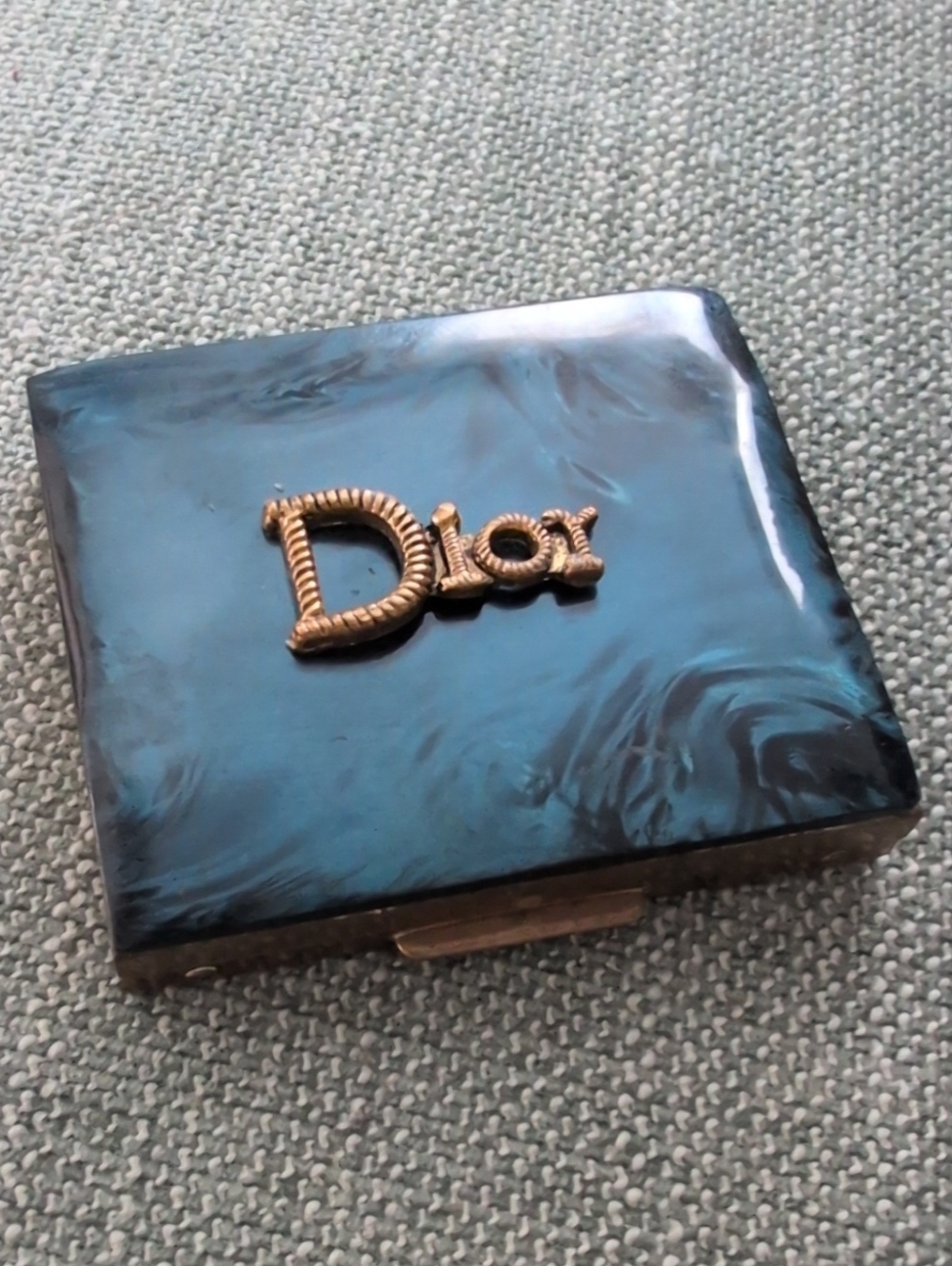 Dior Marble Swirled Teal Compact with Gold Dior Emblem